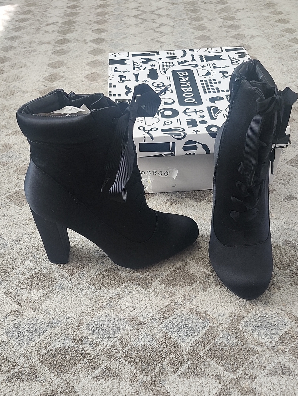 BAMBOO Black Lace-Up Ribbon Ankle Heeled Boots